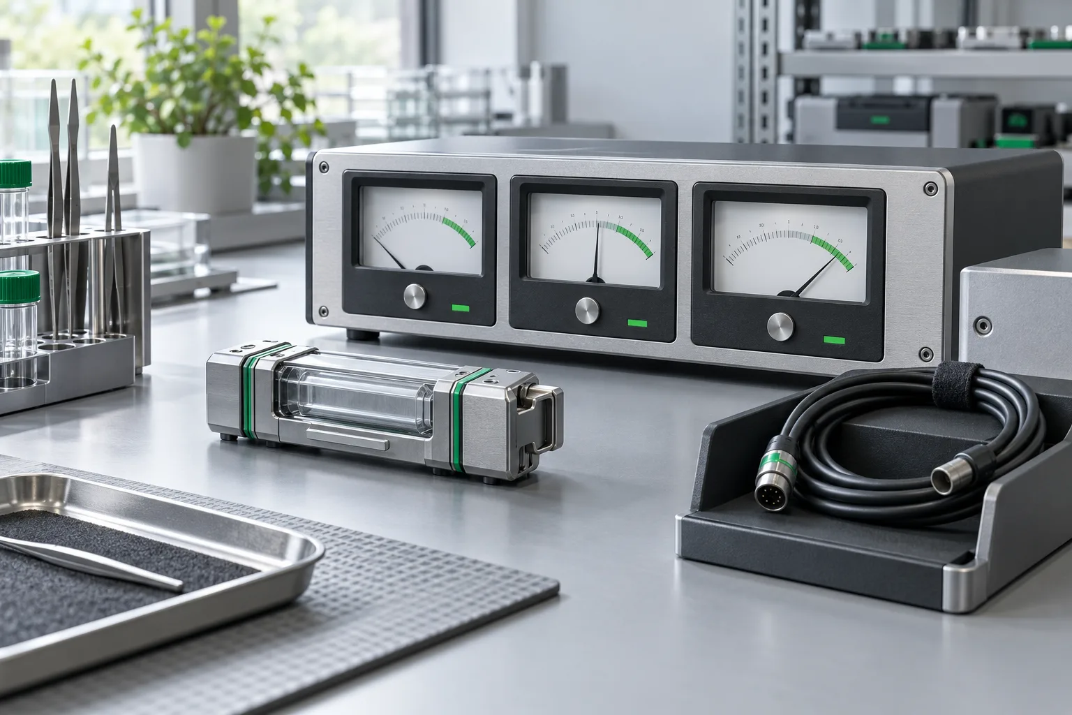 Generated editorial illustration: an instrument station representing controlled operational measurement.