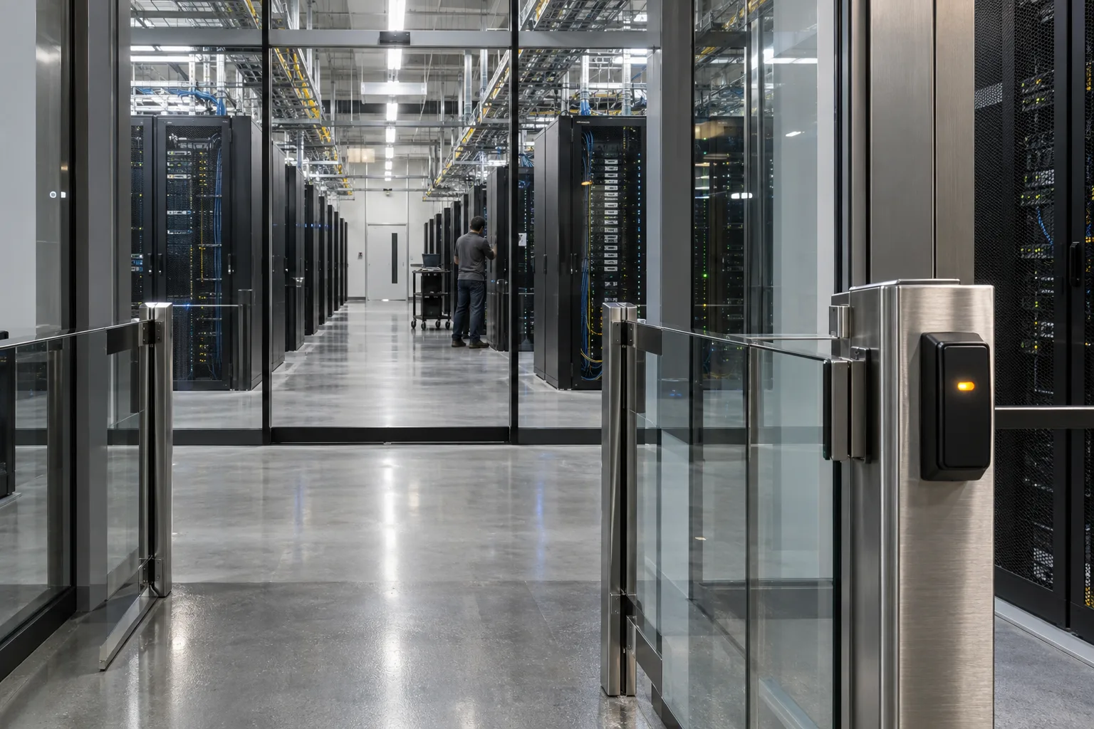Generated illustration in a photography style: an access-controlled datacenter aisle; not an AWS facility photograph.