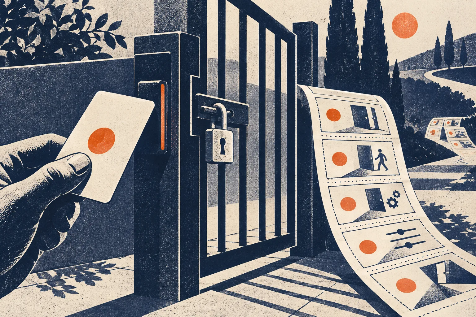 Generated illustration in a print style: a keycard, access gate and event receipts; a metaphor for scoped identity and trace evidence.