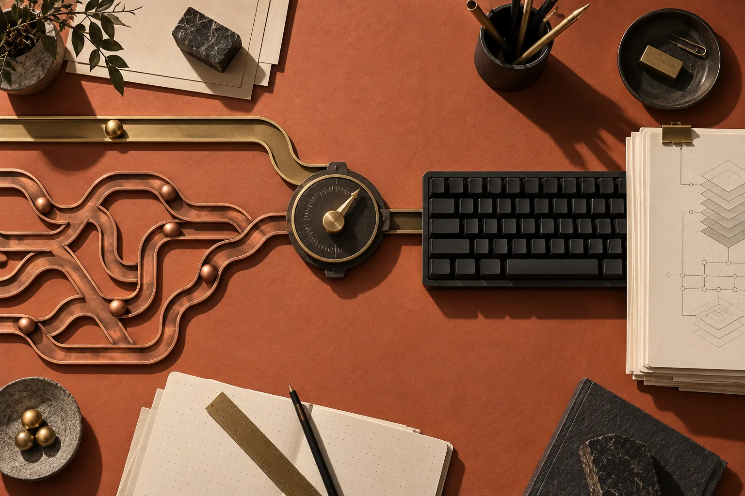 Generated editorial illustration. Hybrid reasoning and terminal engineering illustrated as short and branching paths converging on a keyboard.