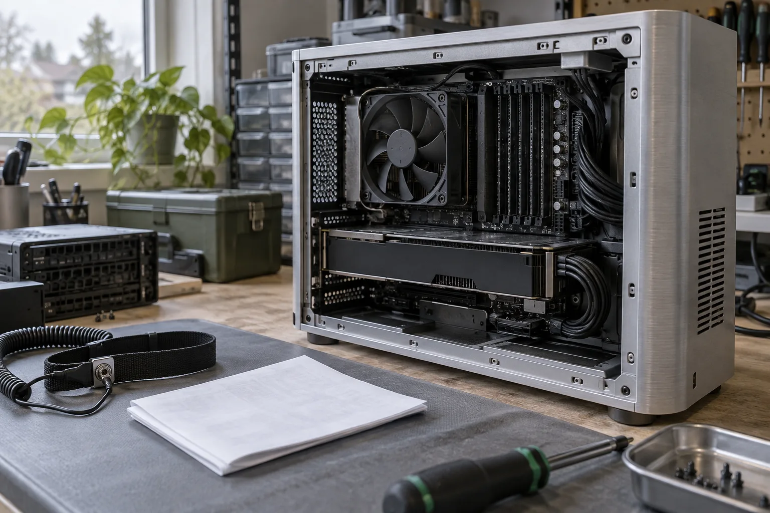 Generated illustration in a photography style: an unbranded workstation on a private inference workbench; not actual OpenAI hardware.