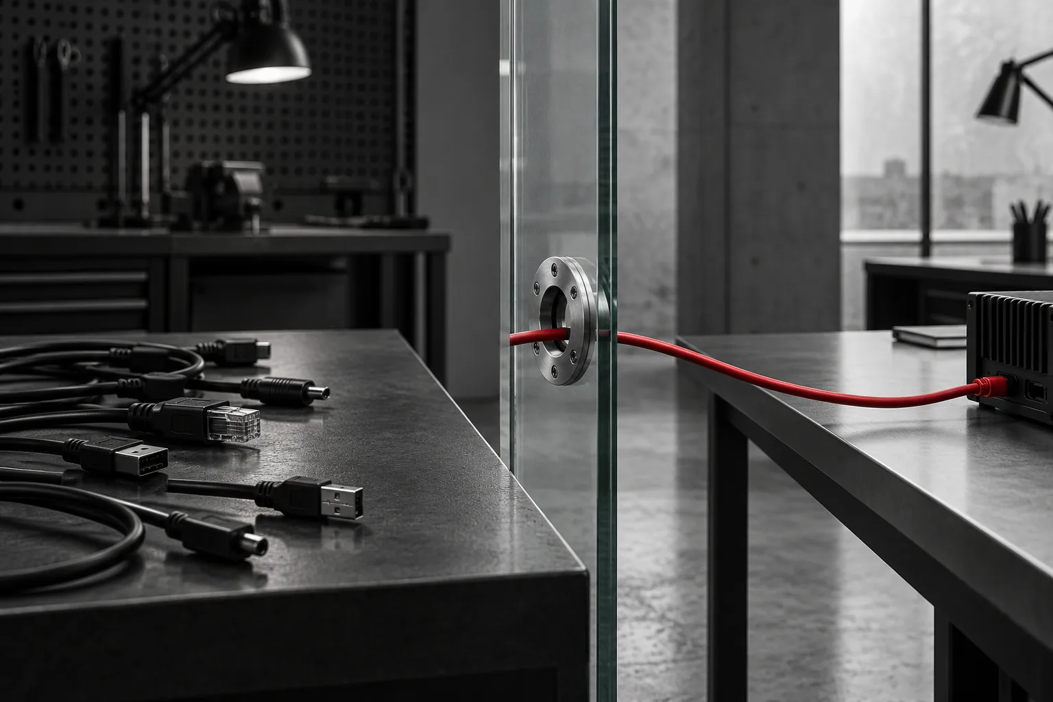 Generated editorial illustration: one controlled connection through a glass boundary.