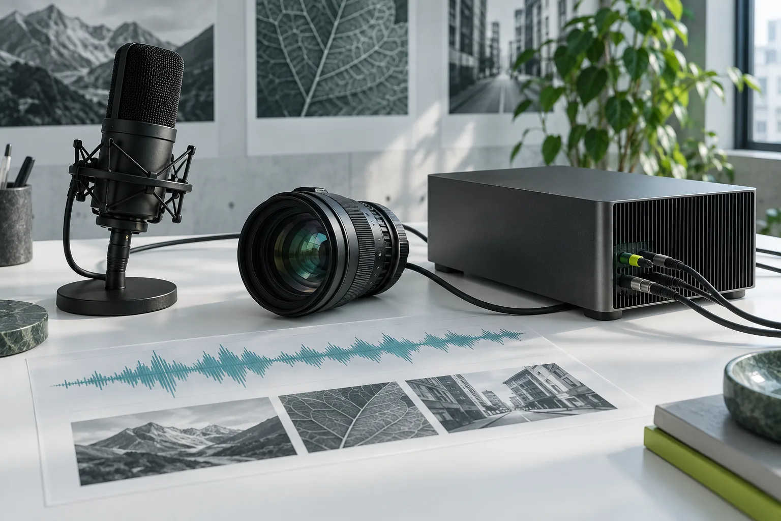 Generated illustration of microphone, camera optics, and compute interfaces for multimodal inputs.