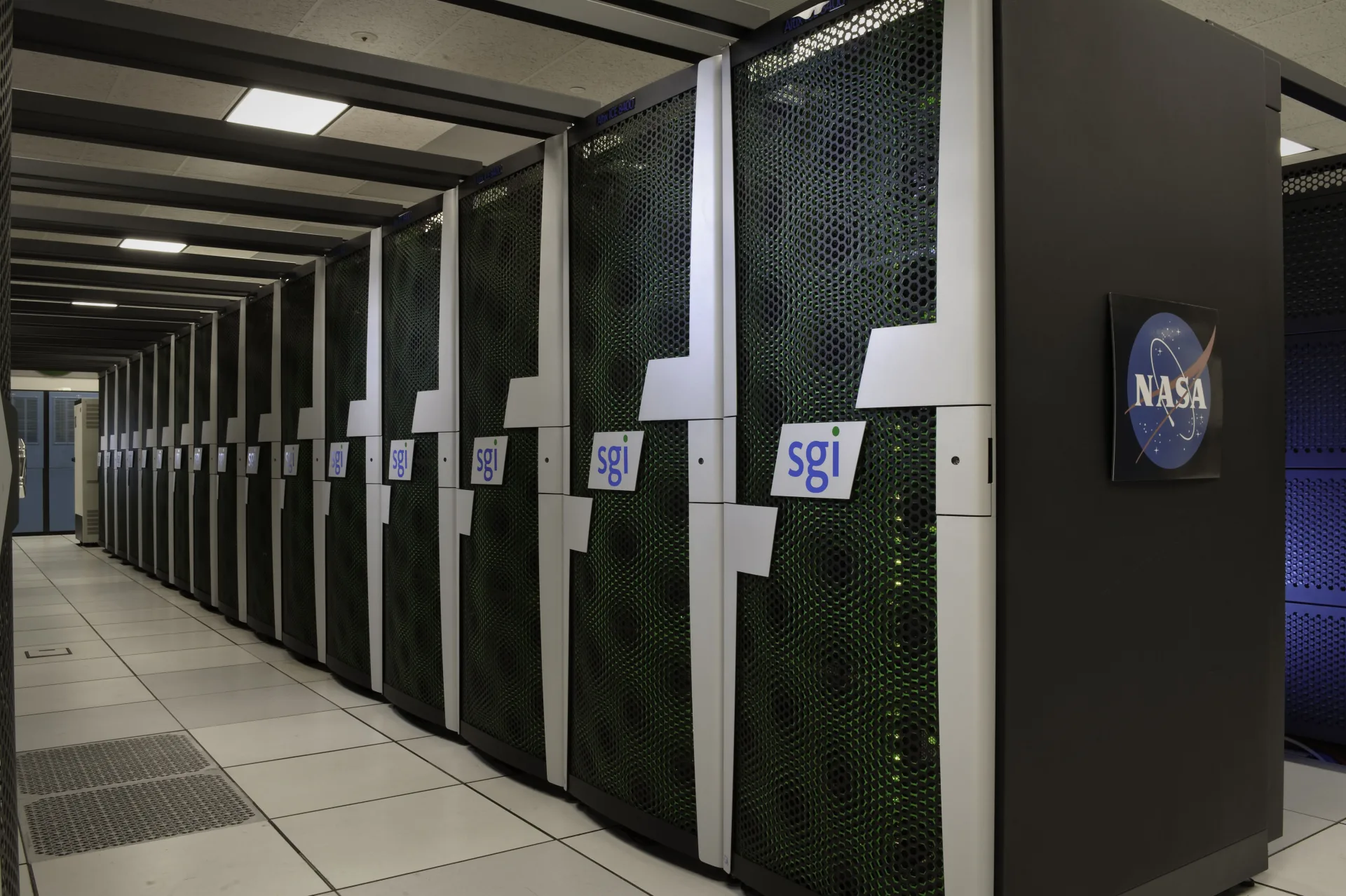 NASA Ames Pleiades supercomputer racks with NASA insignia and SGI branding. NASA research-computing context, not NVIDIA hardware or a photograph of the AI Data Platform announcement.