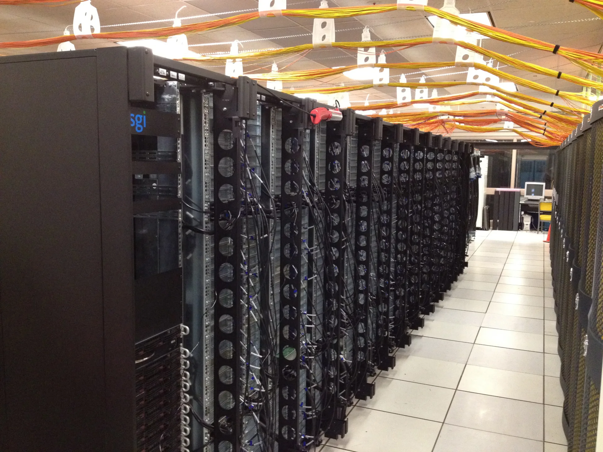 NASA Ames Pleiades supercomputer racks with SGI branding. NASA high-performance-computing context, not NVIDIA hardware or a photograph of the Blackwell announcement.