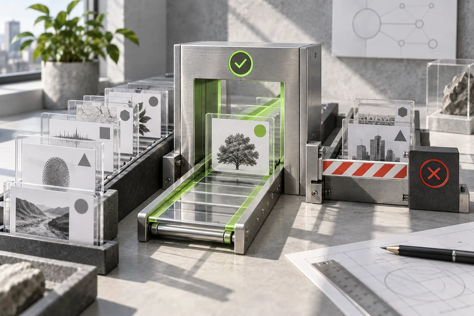 Generated illustration of evidence records passing through a permission gate; not a compliance certification.