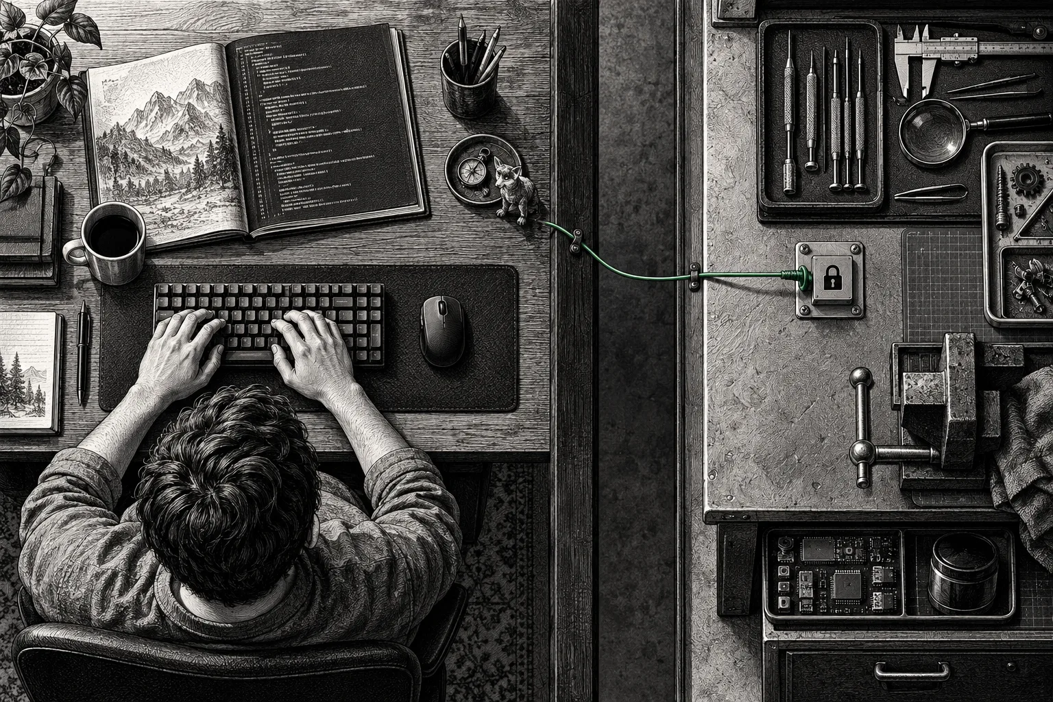 Generated editorial illustration: a developer workspace connected to a separate locked tool workspace.